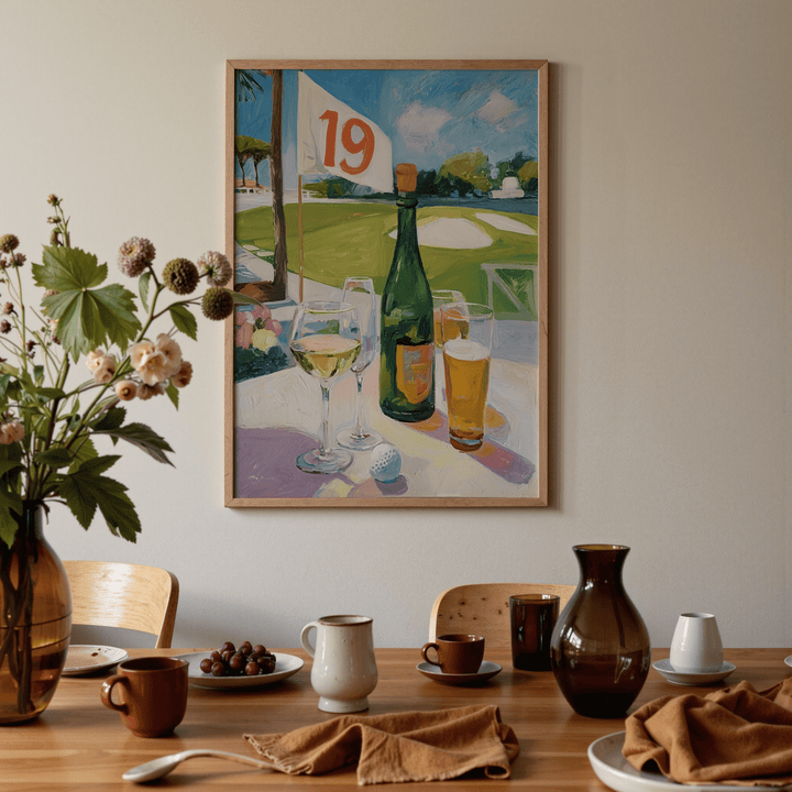 Watering Hole Golf Art Print showing drinks and a 19 golf flag hanging above a dining table with crockery and flowers