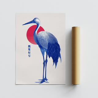 Blue Crane Art print with minimalist blue crane and red circle next to a brown packaging tube