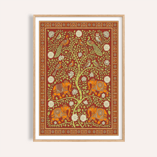 Framed Elephant Tree wall art with decorative elephants and birds in folk-art style on a terracotta background