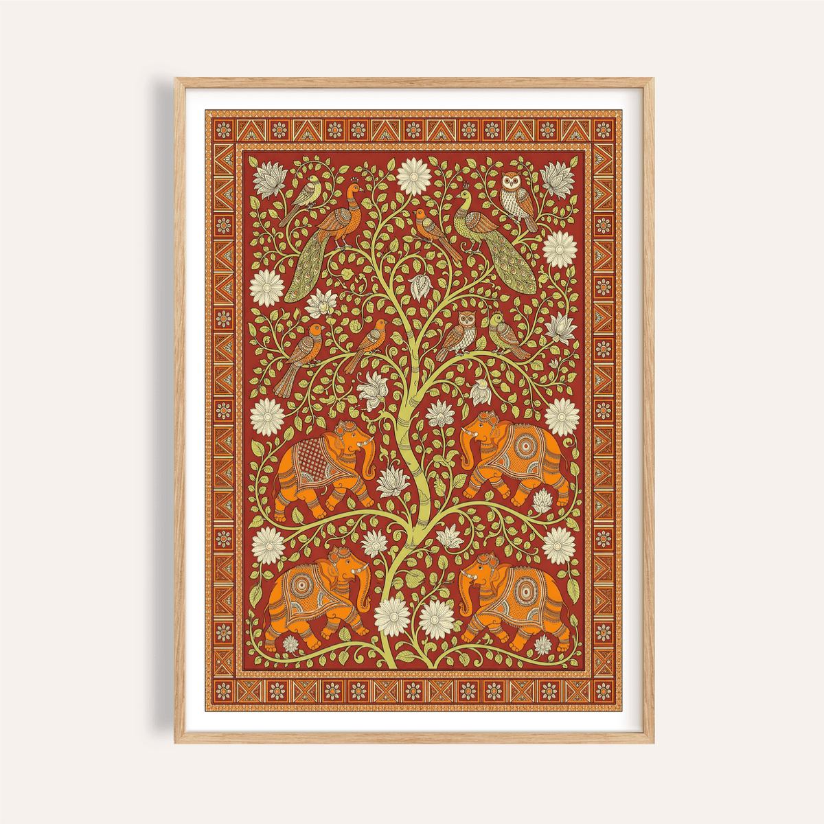 Framed Elephant Tree wall art with decorative elephants and birds in folk-art style on a terracotta background