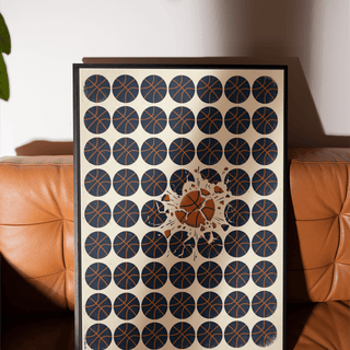 Basketball Burst Art Print with minimalist basketball pattern in dark blue and orange on a brown leather sofa