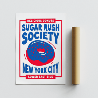 Donut wall art flat with a blue frosted donut and red typography next to a brown packaging tube