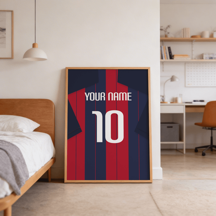 Football Shirt Poster in Navy and Red Stripes leaning on the floor next to a bed in a bedroom