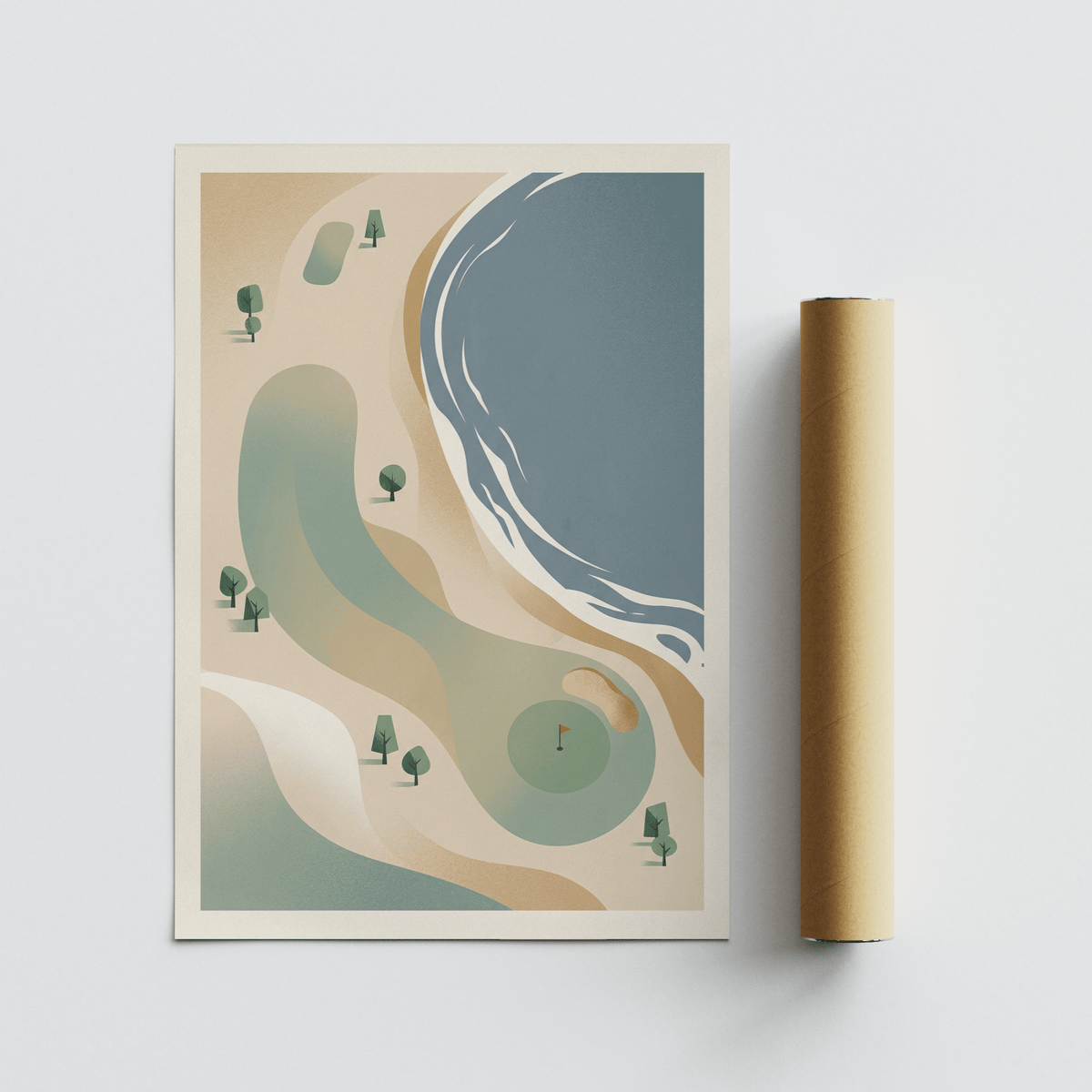 Coastal Golf Course Art Print with minimalist abstract design and sea beside the green with a packaging tube