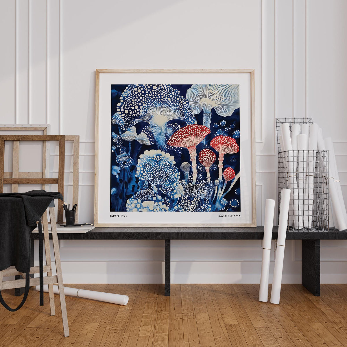Japanese Poster print of blue and red toadstools leaning on a bench with rolled paper nearby