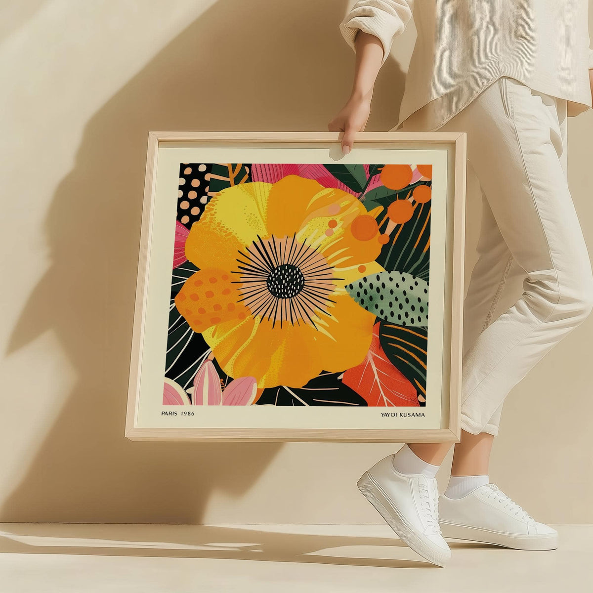 Framed yellow flower art held by person dressed in white against beige background