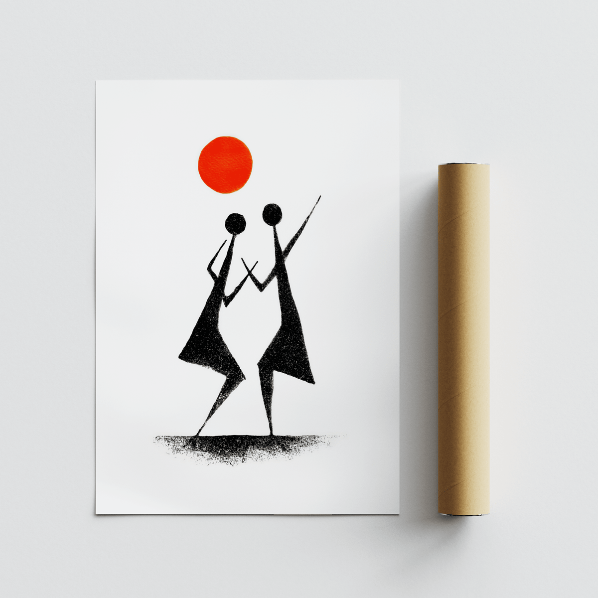 Warli Folk Art Print showing two tribal dancers in black and red with a brown packaging tube beside