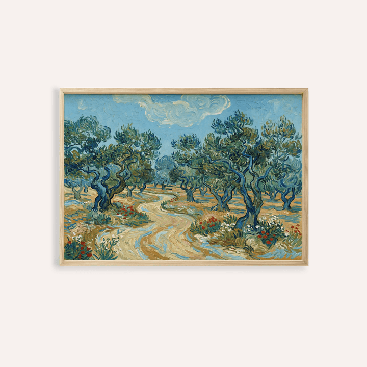 Framed Olive Tree Landscape Print of olive trees in green and blue hues with a winding path