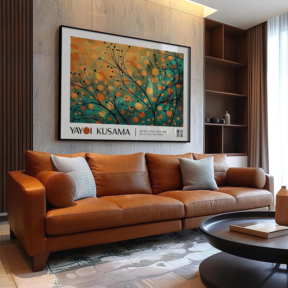 Framed print of Autumn Wall Art with abstract autumn branches in orange and teal over a sofa