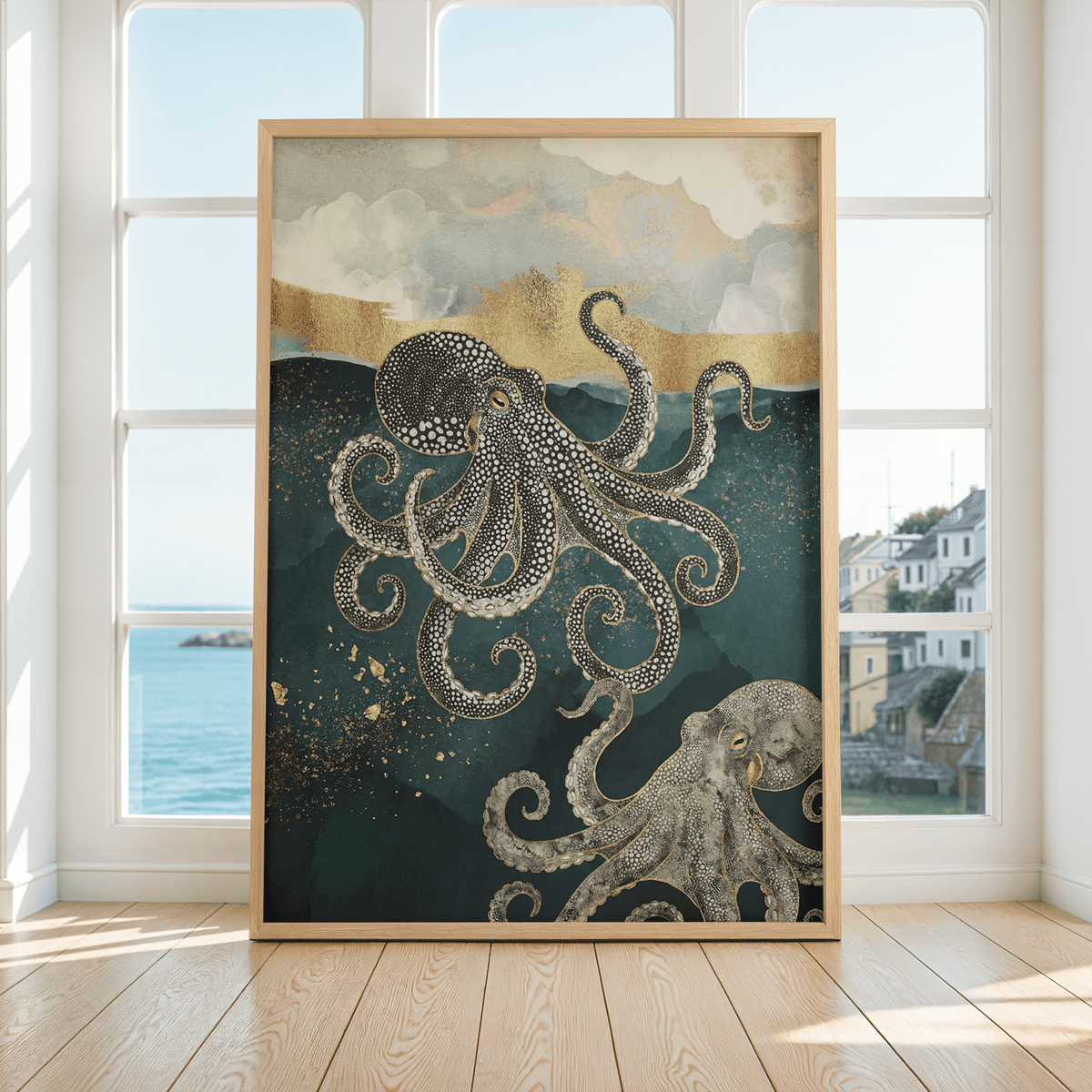 Print leaning on a floor by large windows showing two illustrated octopuses in watercolour with gold and teal shades