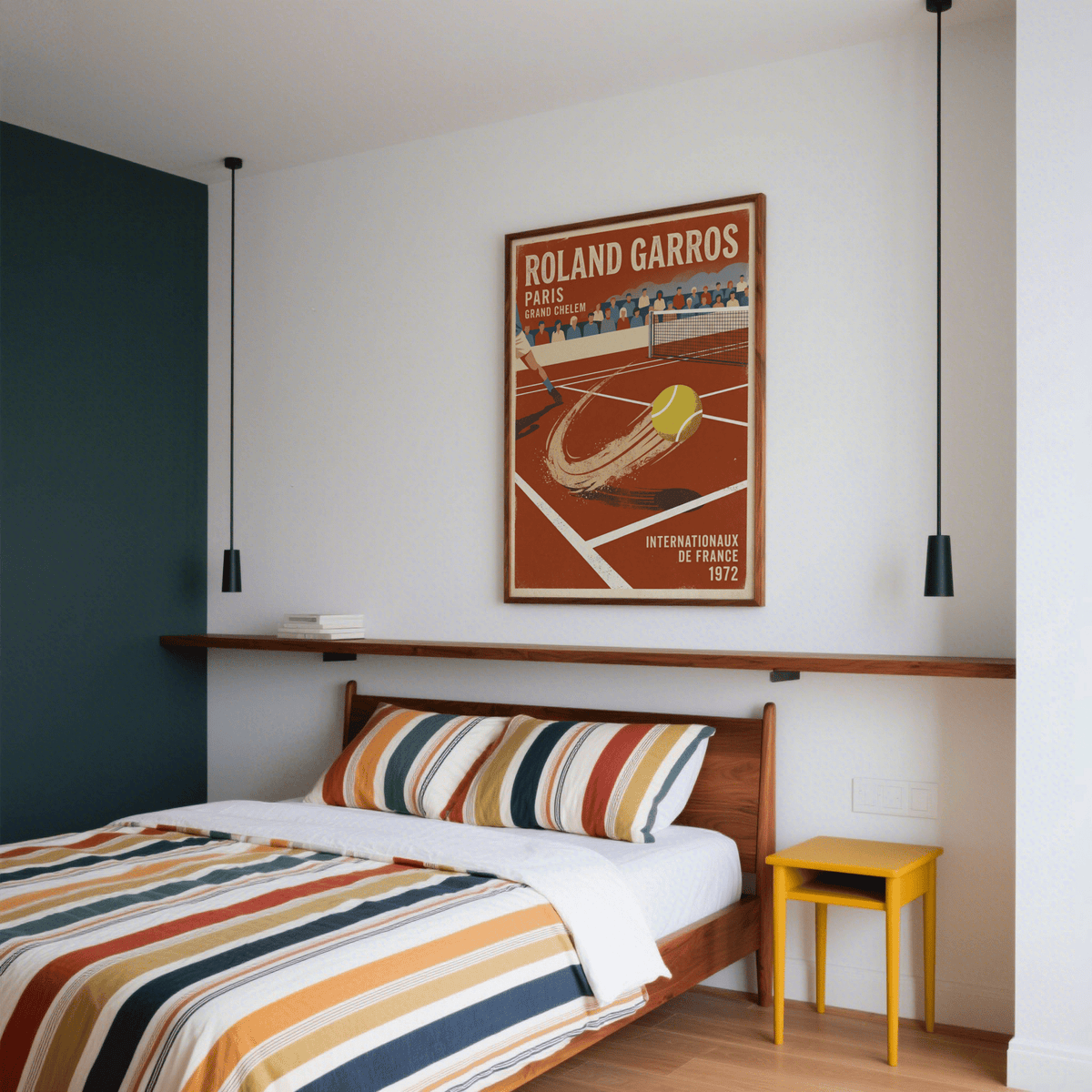 Print on a wall in a bedroom of Paris Clay Court Tennis with vintage clay court colours and striped bedding