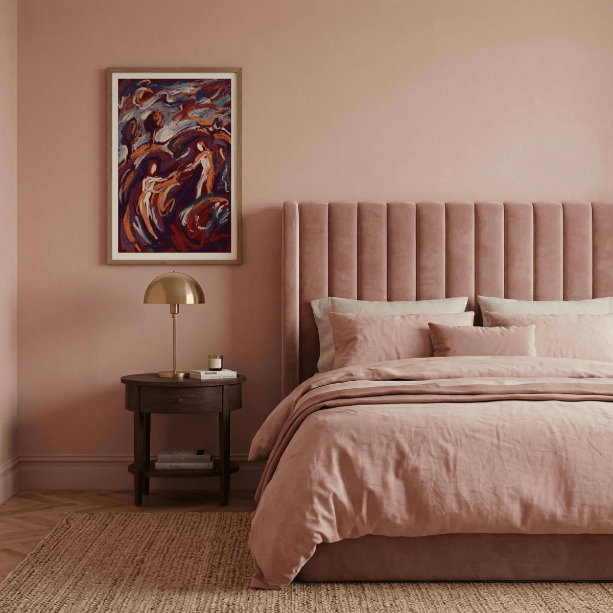 Abstract Couple art print in dark red and blue tones above a side table with a brass lamp