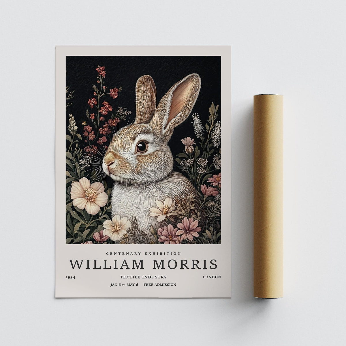 Vintage Rabbit Art print of a brown rabbit among floral illustrations with a packaging tube beside