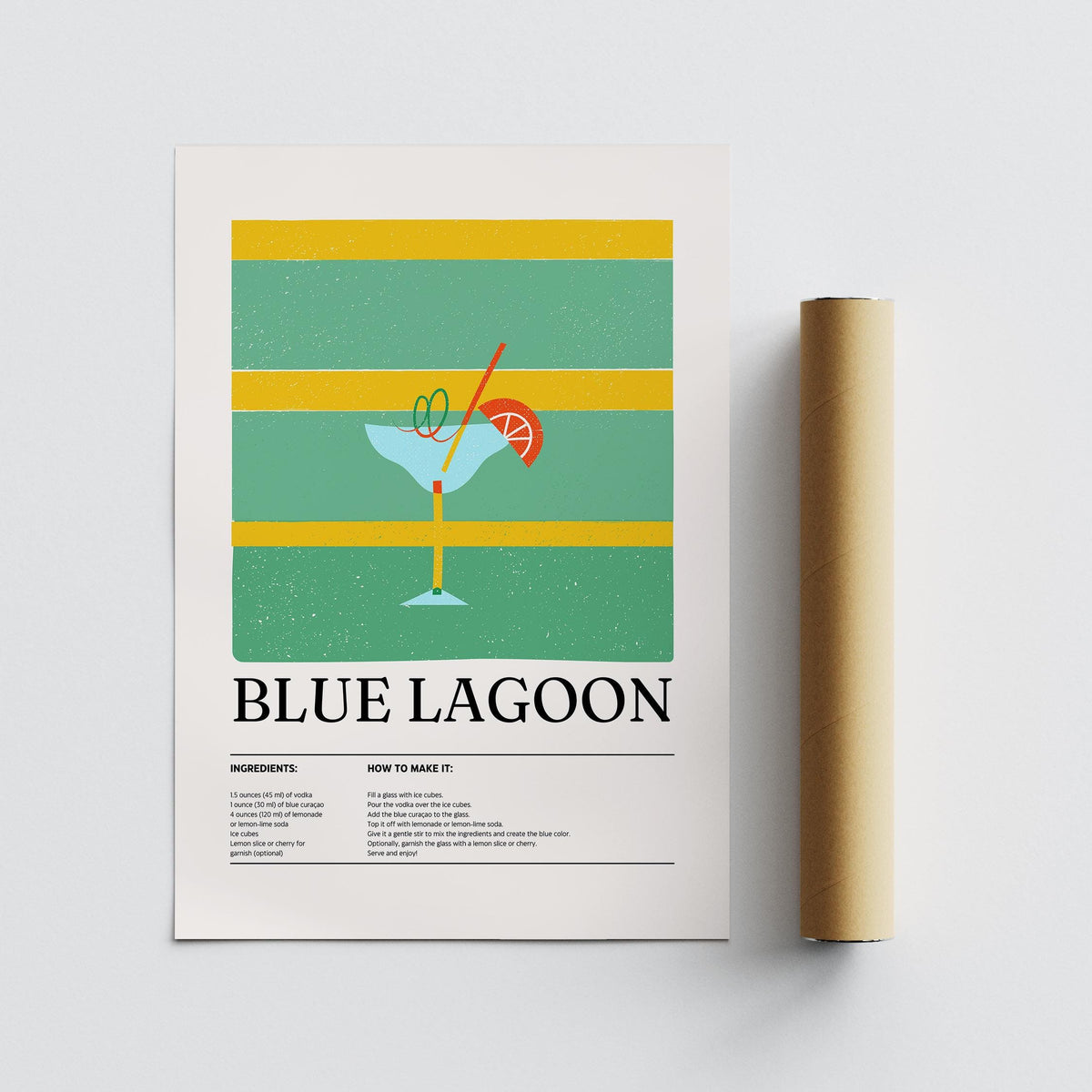 Blue Lagoon illustration print with a cocktail design and text beside a packaging tube
