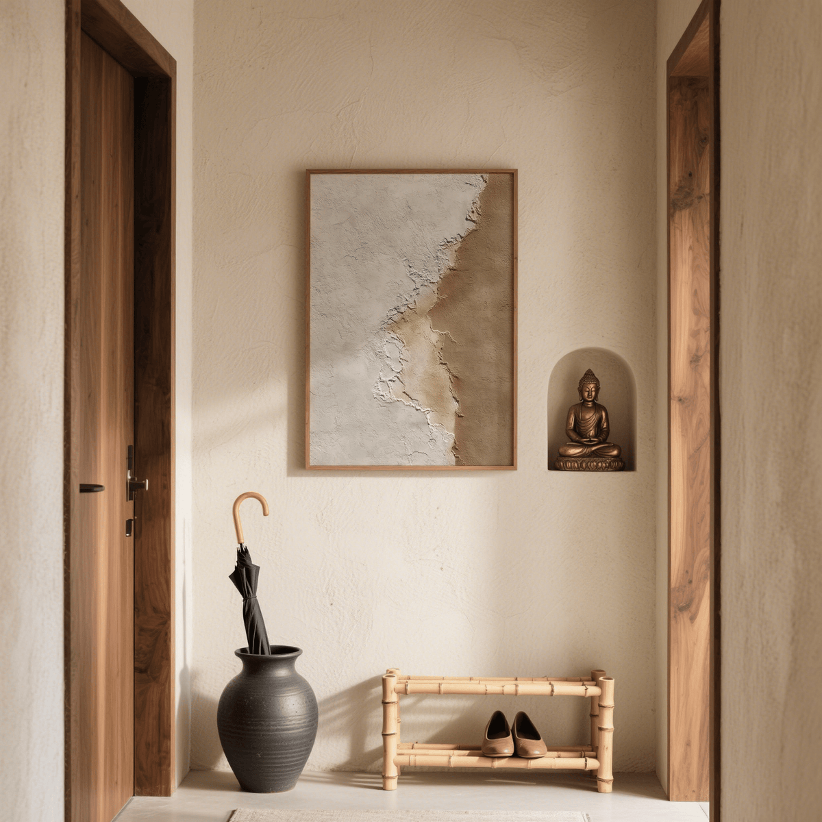 Modern Home Decor wall art with textured beige and white abstract surface above a black umbrella stand
