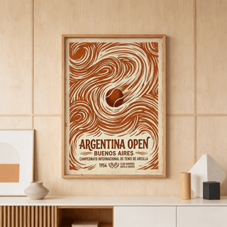 Framed Argentina Open Poster with vintage style tennis ball illustration on a beige wall