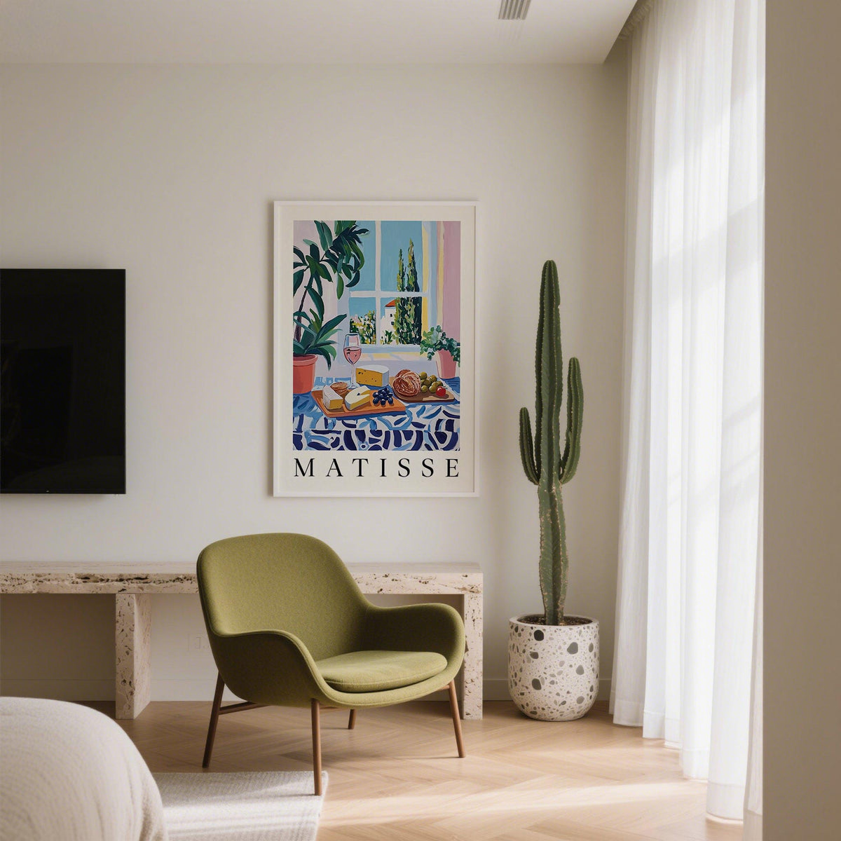 French Prints wall art of countryside lunch with cheese, bread, and plants in a bright bedroom