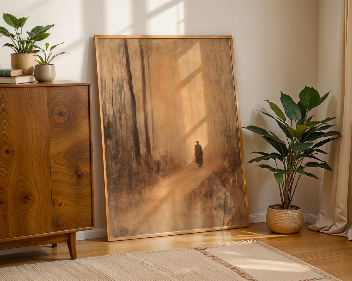 Print of Antique Japanese Prints showing a monk walking through a brown misty forest leaning on the floor near a wooden cabinet and plant