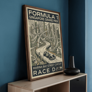 Night Street Circuit Poster leaning on a cabinet with a black vase nearby