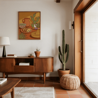 Print on a wall of tacos and cactus in warm earth tones in a mid-century style living room