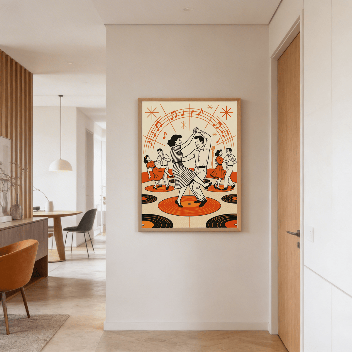 Retro dance wall art with dancing couple illustration in orange black and cream in a hallway near a wooden door