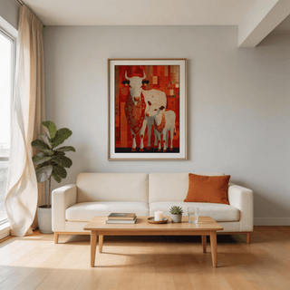 Sacred Cow wall art of a white cow and calf with red patterned details above a cream sofa in a living room