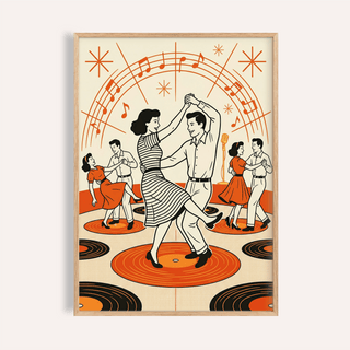 Framed close-up of retro dance wall art showing a dancing couple with orange and cream tones