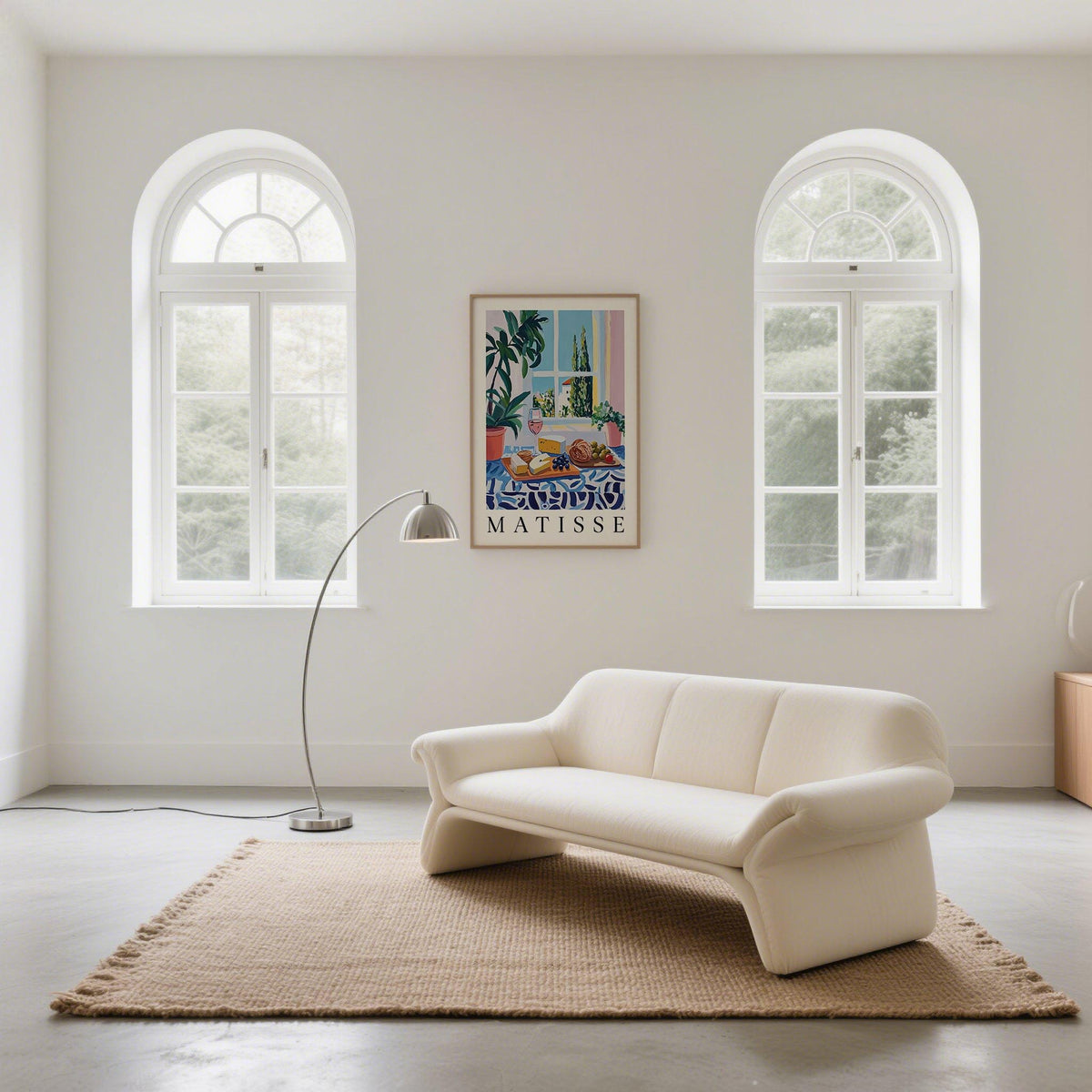 Print on a wall of French Prints showing an illustrated cheese and bread lunch with blue and pink tones in a bright living room