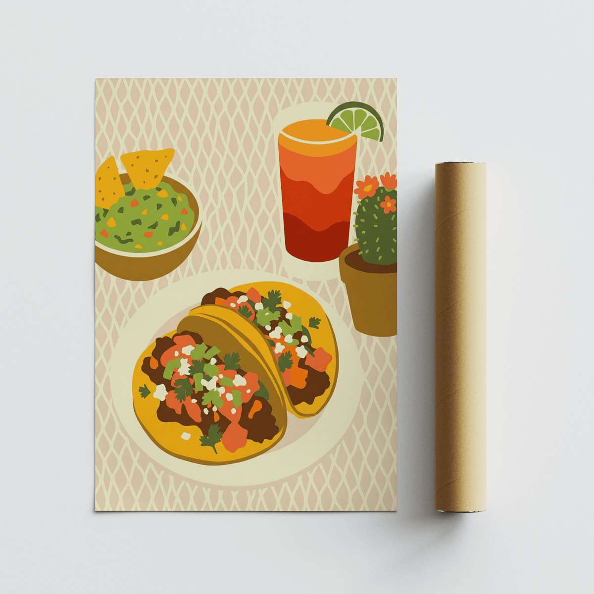 Tacos Art Print flat artwork of two tacos with toppings and a drink alongside a packaging tube