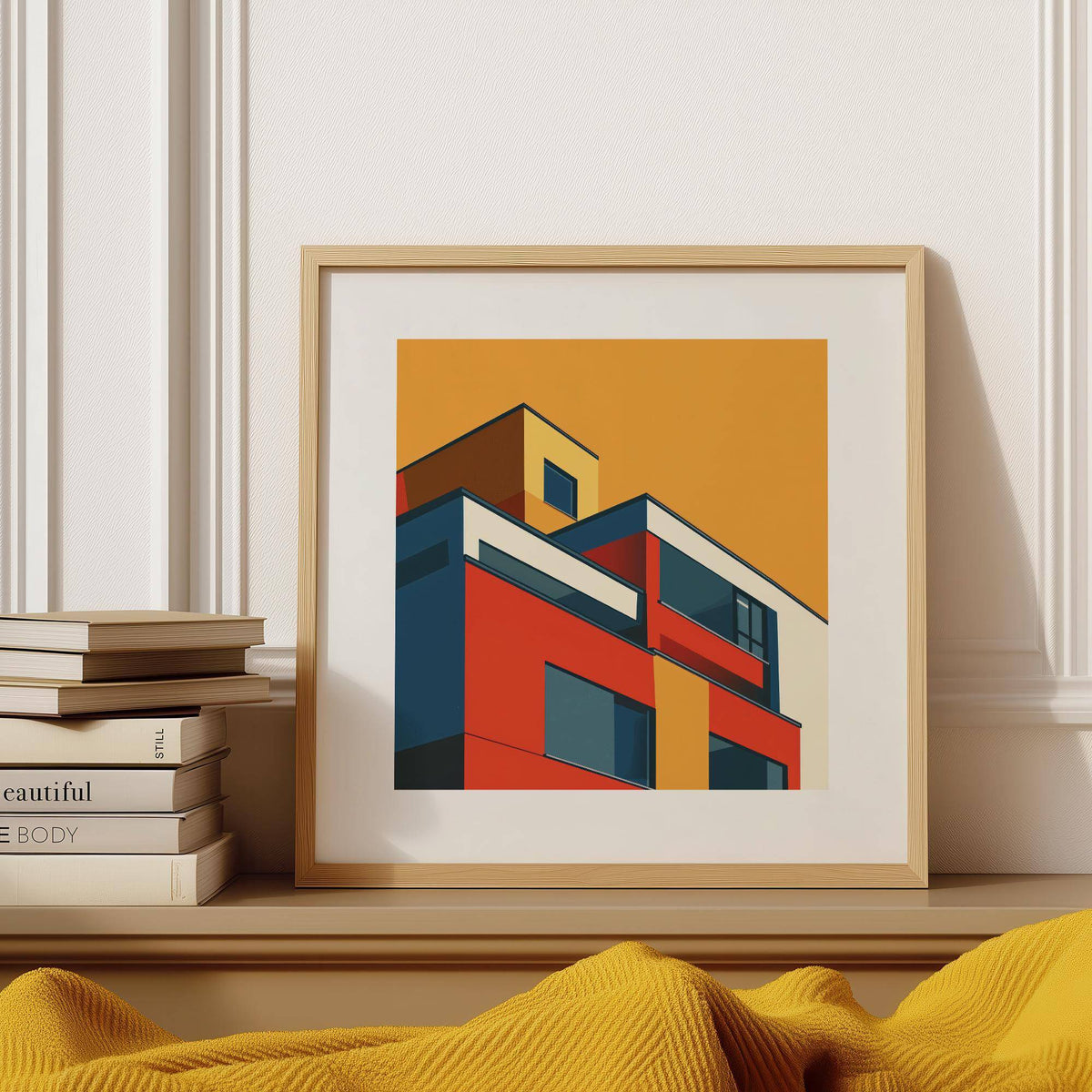 Framed Modernist Architecture print in minimalist style with red, blue and orange tones next to stacked books