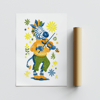 Zebra playing violin poster with folk-art style colourful zebra and floral motifs beside a packaging tube