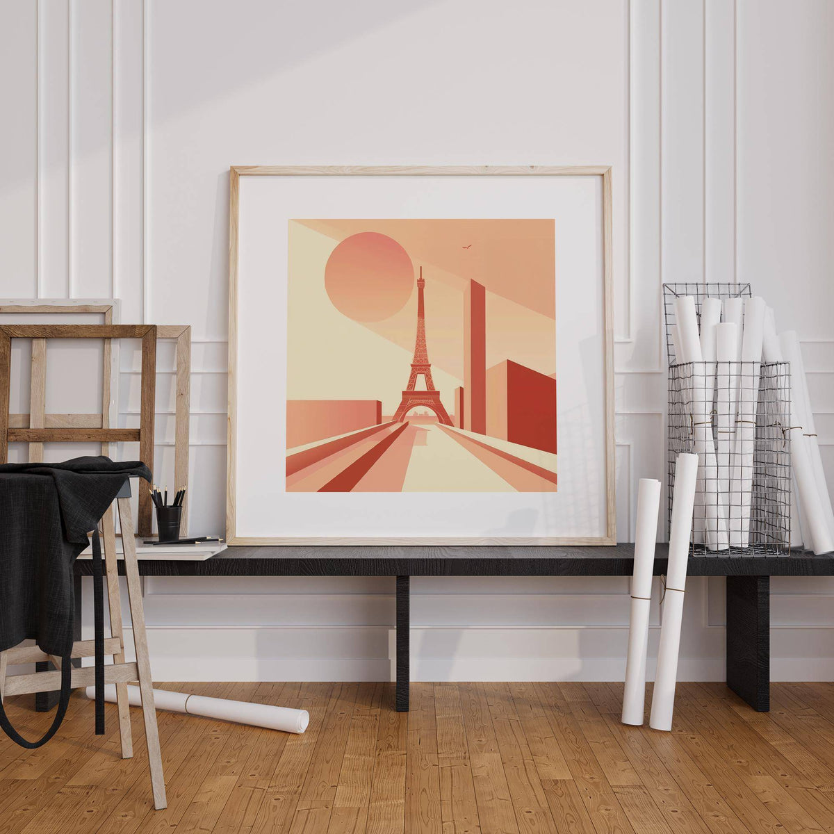 Framed Eiffel Tower poster wall art in warm tones on a black bench with rolled paper