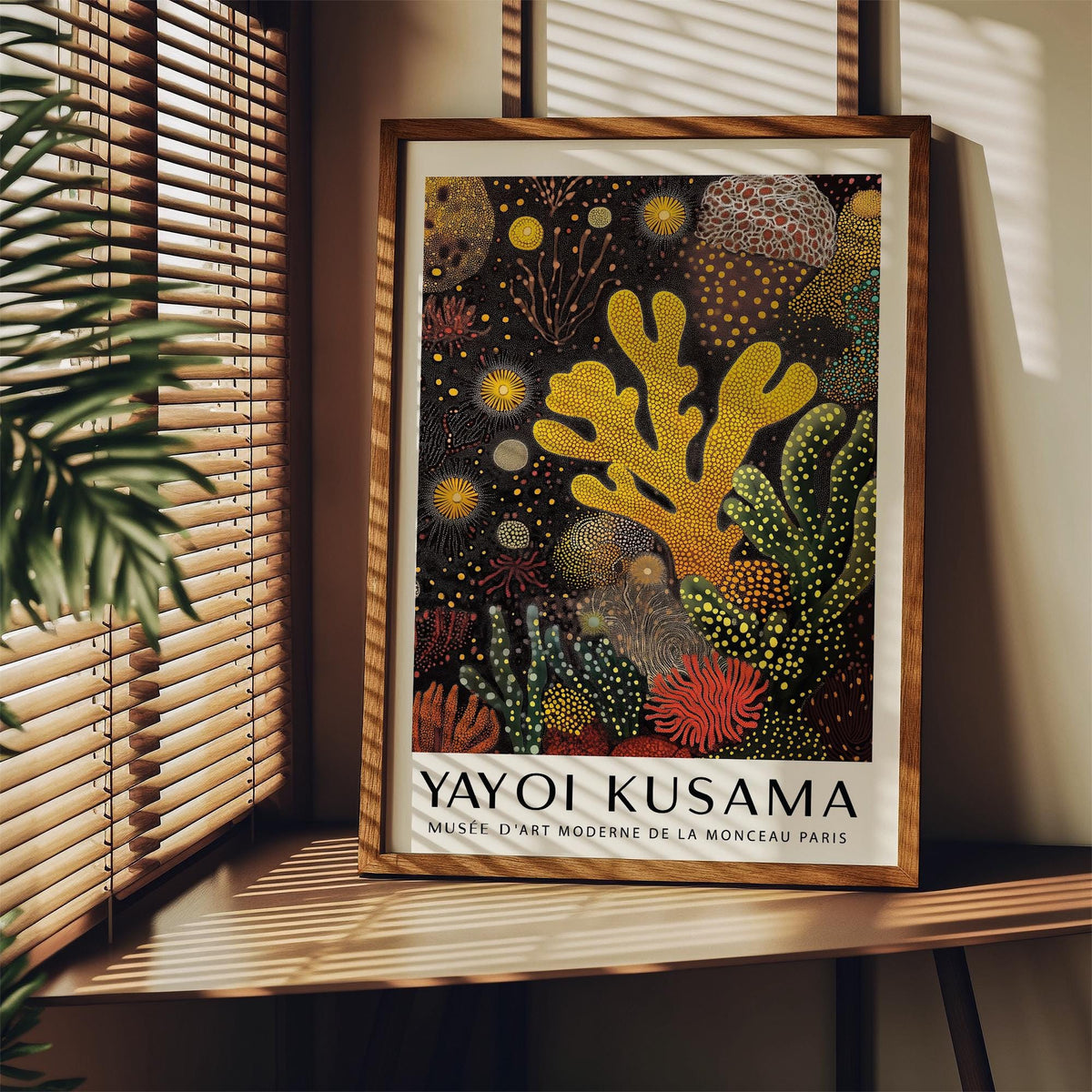 Coral Reef Painting framed print close-up with yellow and red coral patterns on a wooden shelf next to a green plant