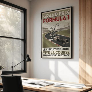 Retro racing poster print with bold typography and curved track perspective with a single-seater car