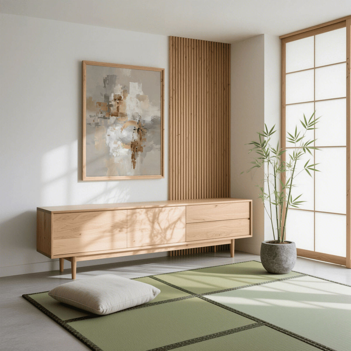 Abstract Gold Wall Art with gold and grey shapes above a wooden sideboard in a minimalist room with a green floor mat and potted plant