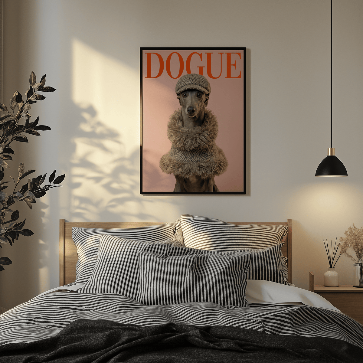 Dressed Up Dog Print of a greyhound in a tweed hat with orange lettering above in a bedroom above the bed with striped pillows