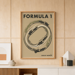 Italian Race Circuit Poster framed print with beige and black minimalist illustration above sculpture on a wooden paneled wall