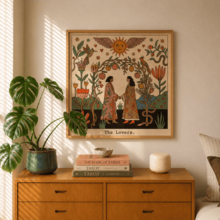 Print on a wall in a living room of The Lovers Tarot Card Art with muted orange and green folk-art tones above a dresser
