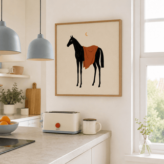 Horse Moon wall art of a black horse with orange blanket in a kitchen above a toaster