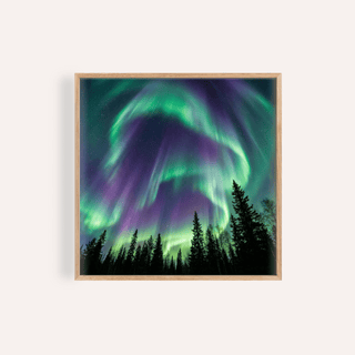 Framed northern lights art print with green and purple aurora above dark trees
