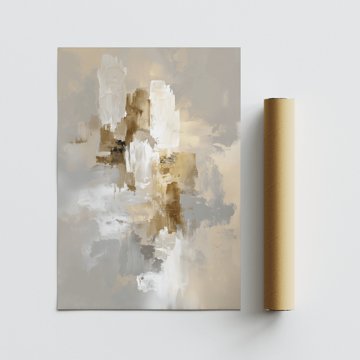 Abstract Neutral Art Print with beige white and grey tones shown next to packaging tube