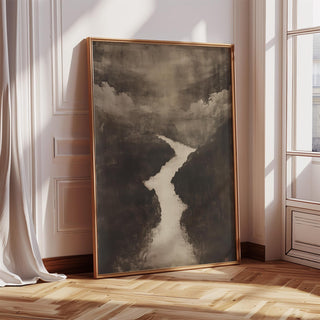 Print leaning on floor of sumi e art of river landscape in black and white with clouds and sunlight