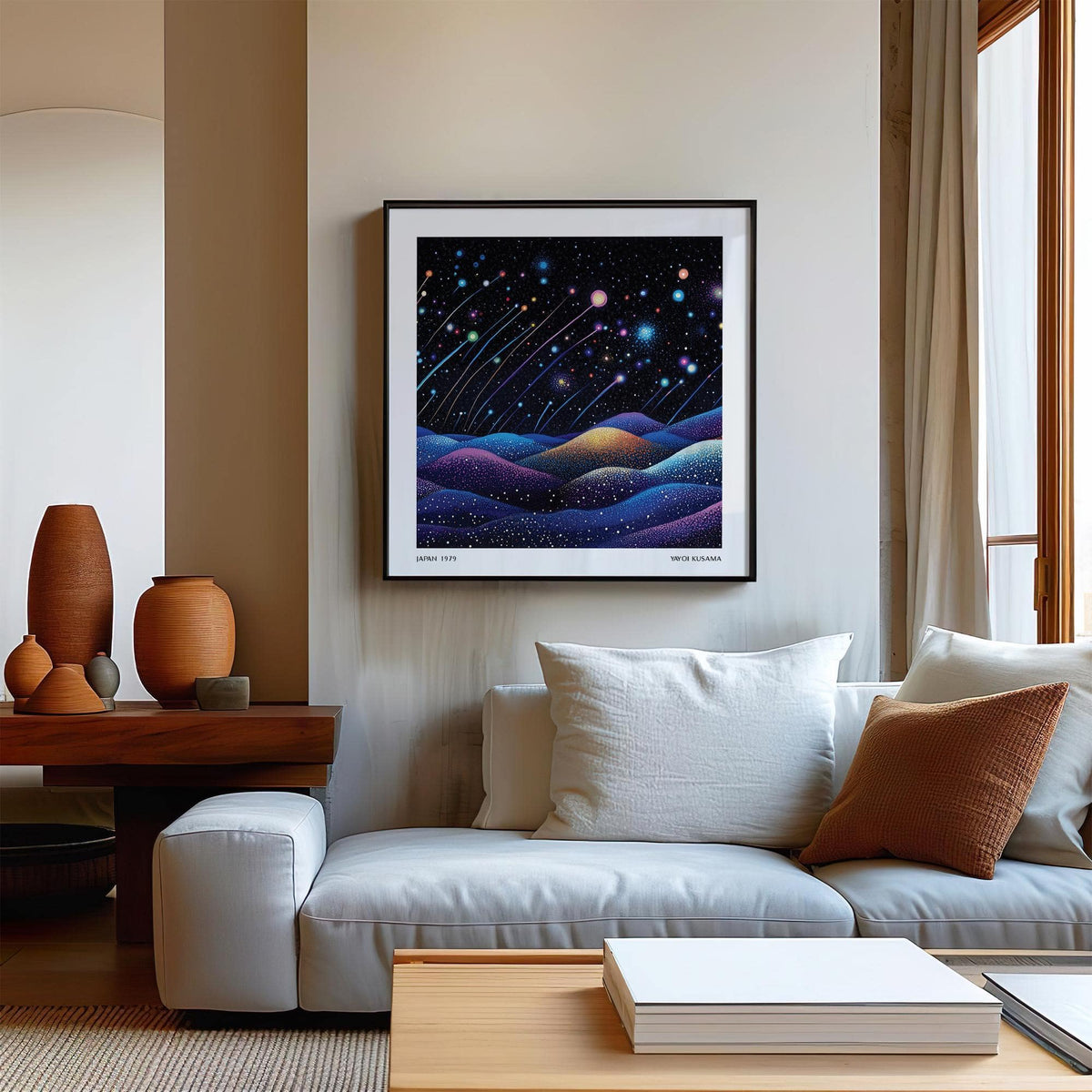 Galaxy wall art of shooting stars over wavy hills in blue and purple above a white sofa