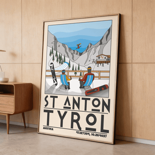 Framed St Anton Tyrol art print with a minimalist ski resort scene leaning against a wooden wall