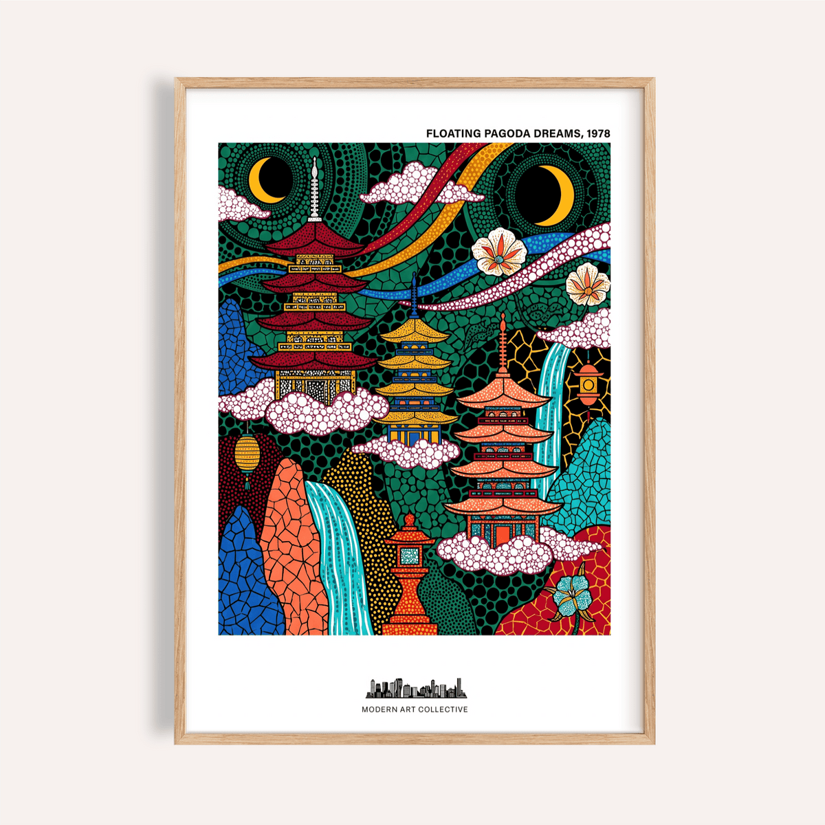 Framed print of Japanese pagoda wall art with colourful abstract temples and moons