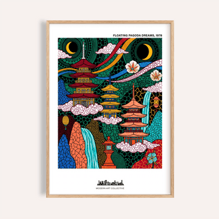 Framed print of Japanese pagoda wall art with colourful abstract temples and moons