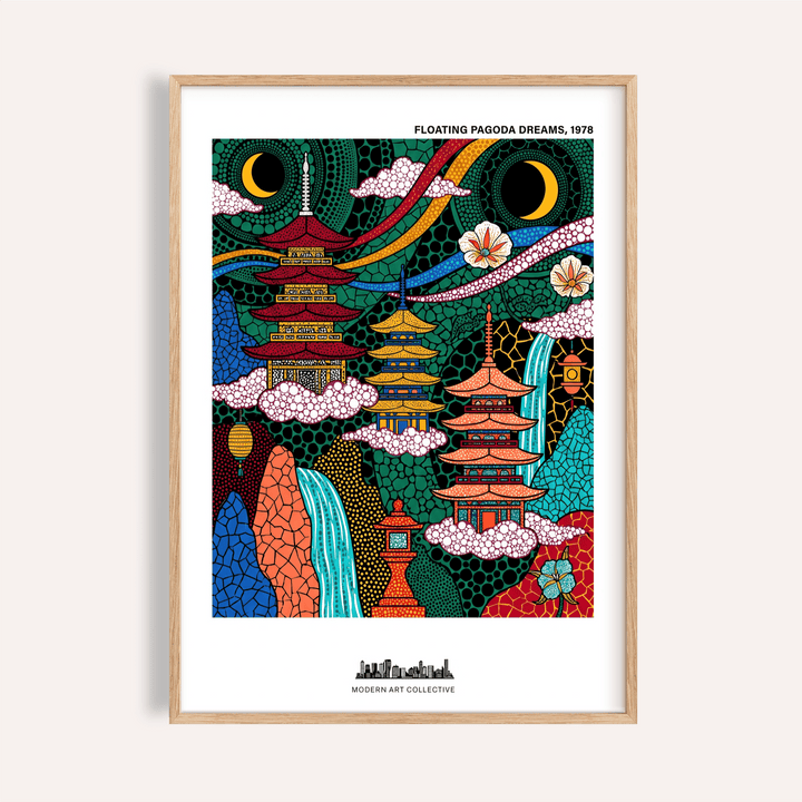 Framed print of Japanese pagoda wall art with colourful abstract temples and moons