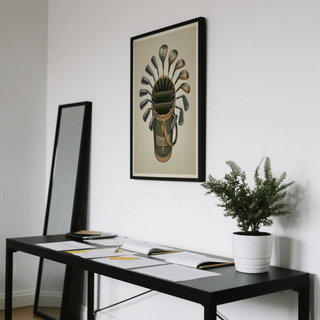 Golf Clubs wall art showing a minimalist green and brown golf bag with clubs above a black table with papers and a potted plant