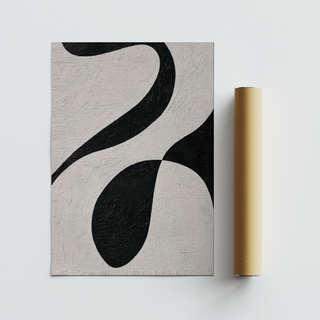 Abstract black and white art with irregular shapes and textured surface alongside a brown packaging tube
