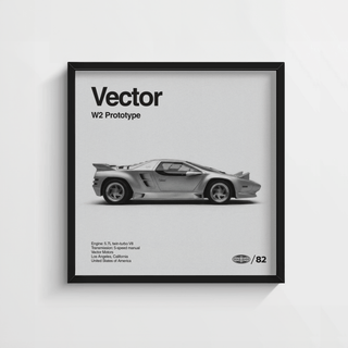 1980s Prototype Supercar Poster framed close-up of a minimalist Vector W2 prototype car in black and white